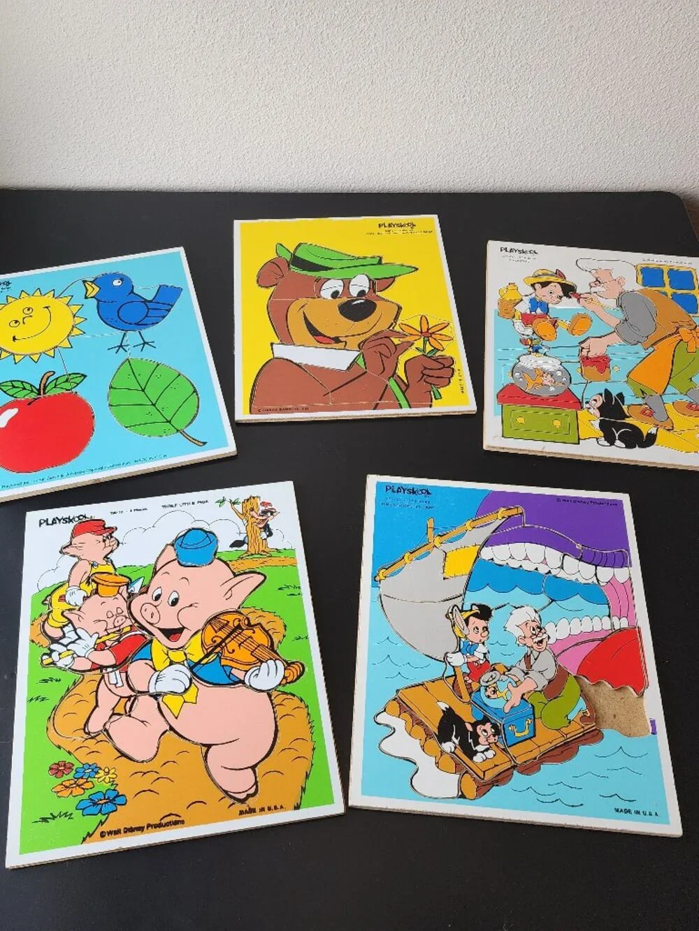 Lot of 5 Vintage 80's Wooden Playskool Tray Puzzle Boards Disney Pinocchio Yogi